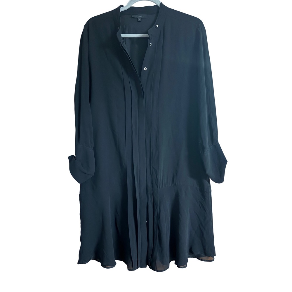 Belstaff England Black 100% Silk Pleated Drop Waist Ruffle Hem Shirt Dress IT 44